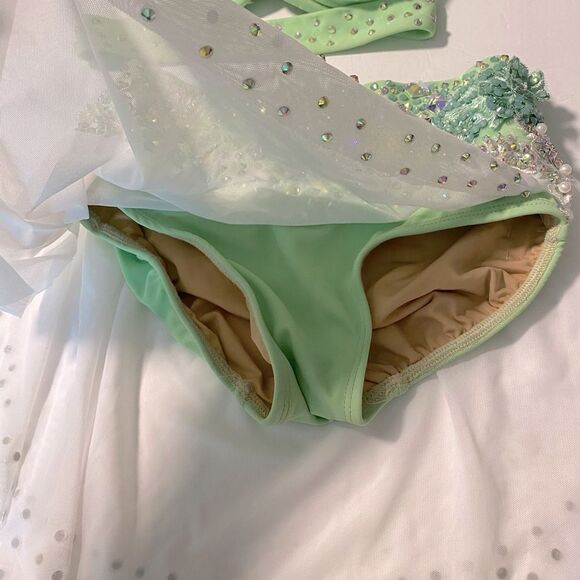 Solo custom dance costume leotard 2 piece mint green rhinestoned LC child - Picture 8 of 13